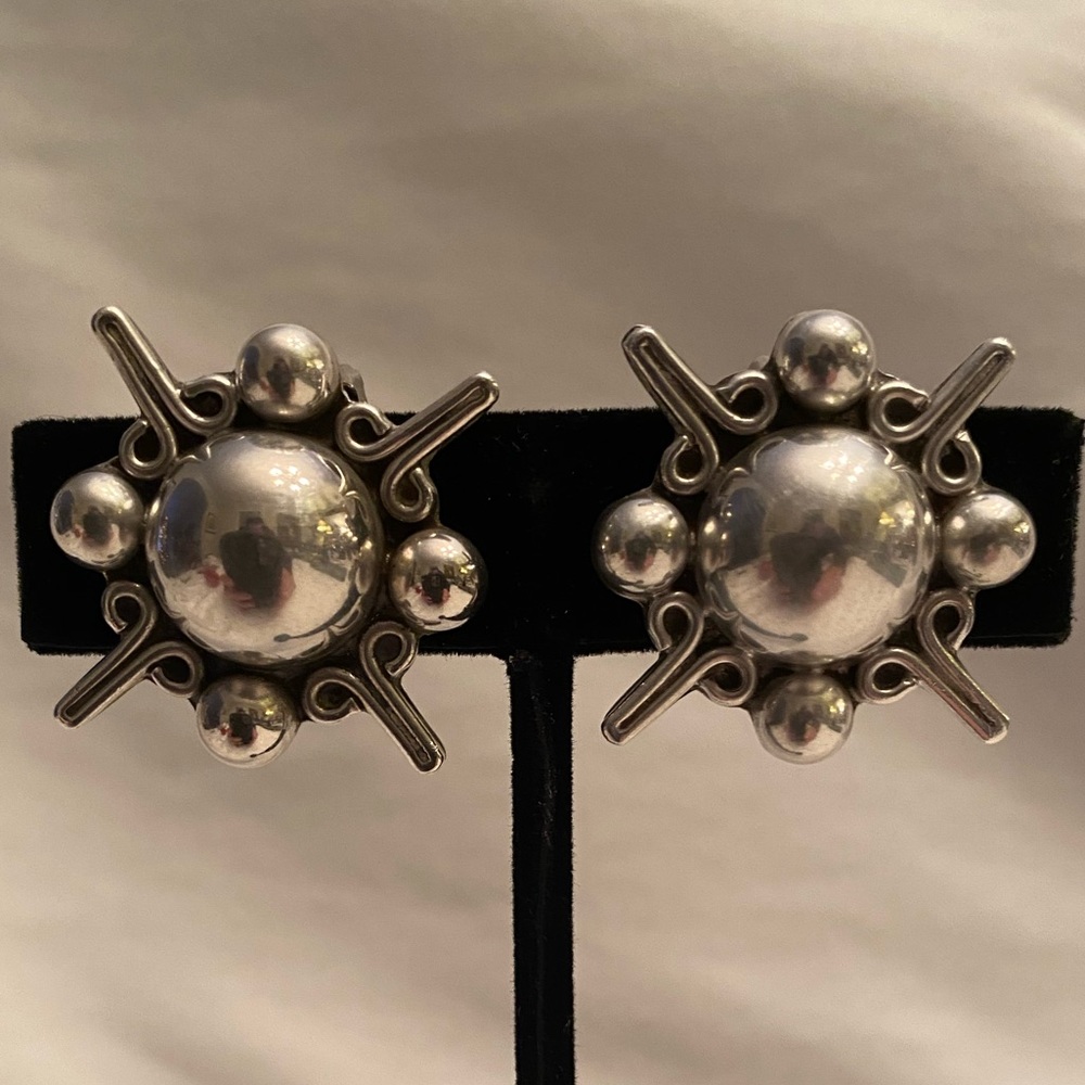 Vintage MEXICO 925 Sterling Silver 1.25" Round Bubble Clip On Earrings 17 Grams